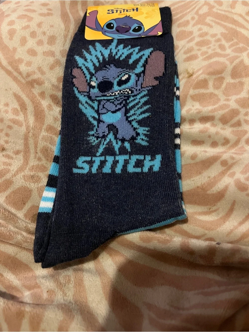 Disney Stitch Crew Socks Black Blue Adult Shoe Size 6.5-12 New With Tags